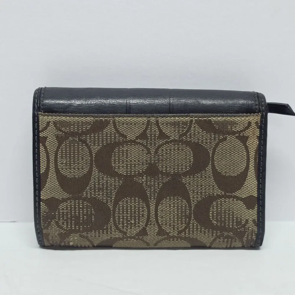 Vintage COACH Y2K Signature Brown Tan Canvas Black Leather Small Bifold Wallet